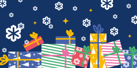 Symbolbild für den Adventskalender mit gezeichneten Geschenken und Schneeflocken.