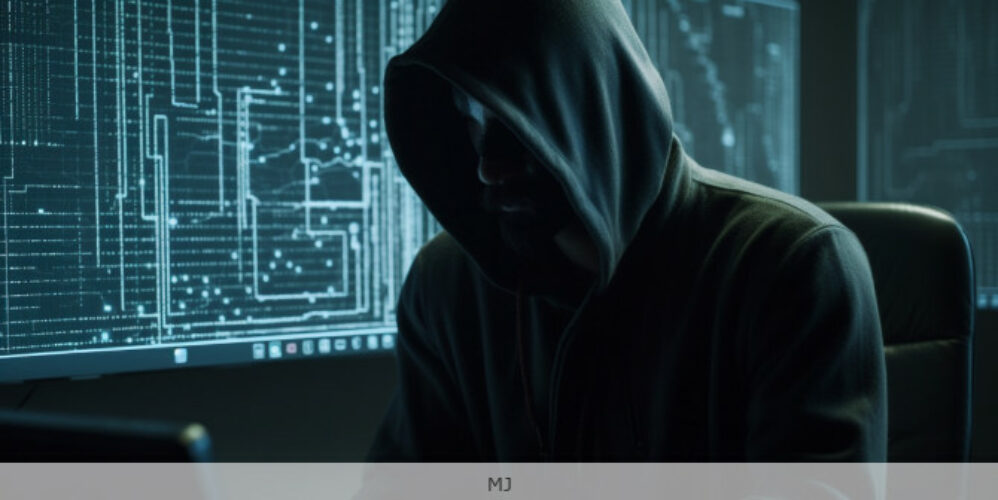 Hacker im Kapuzenpullover sitzt vor dem PC in einem dunklen Raum (Illustration).