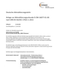 Ausschnitt der Akkreditierungsurkunde der datenschutz cert GmbH