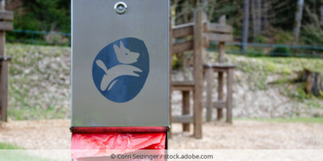 Behälter für Hundekotbeutel auf einem Spielplatz.