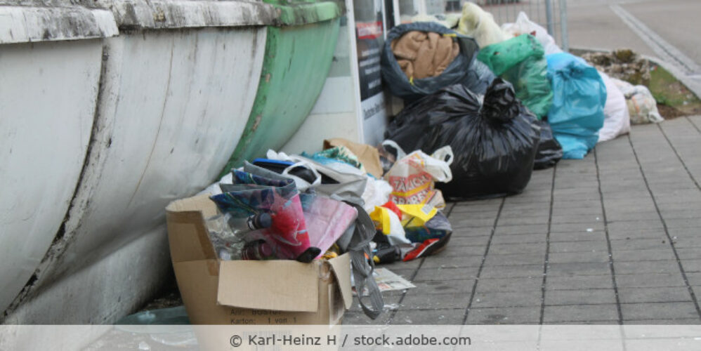 Illegale Müllablage vor Altglascontainern und Altkleidercontainern, die an einer Straße stehen.