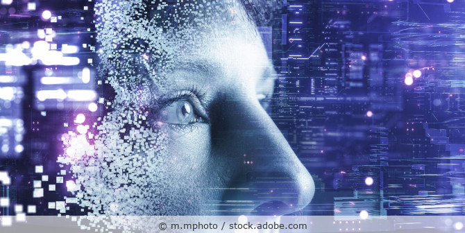 Illustration zum Thema KI mit einem menschlichen Gesicht im Mittelpunkt.